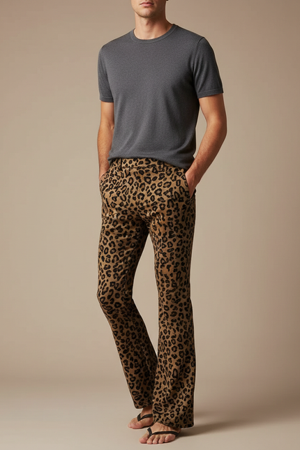 Pantalon Léopard Homme Marron Évasé Imprimé Animal Décontracté - Velours