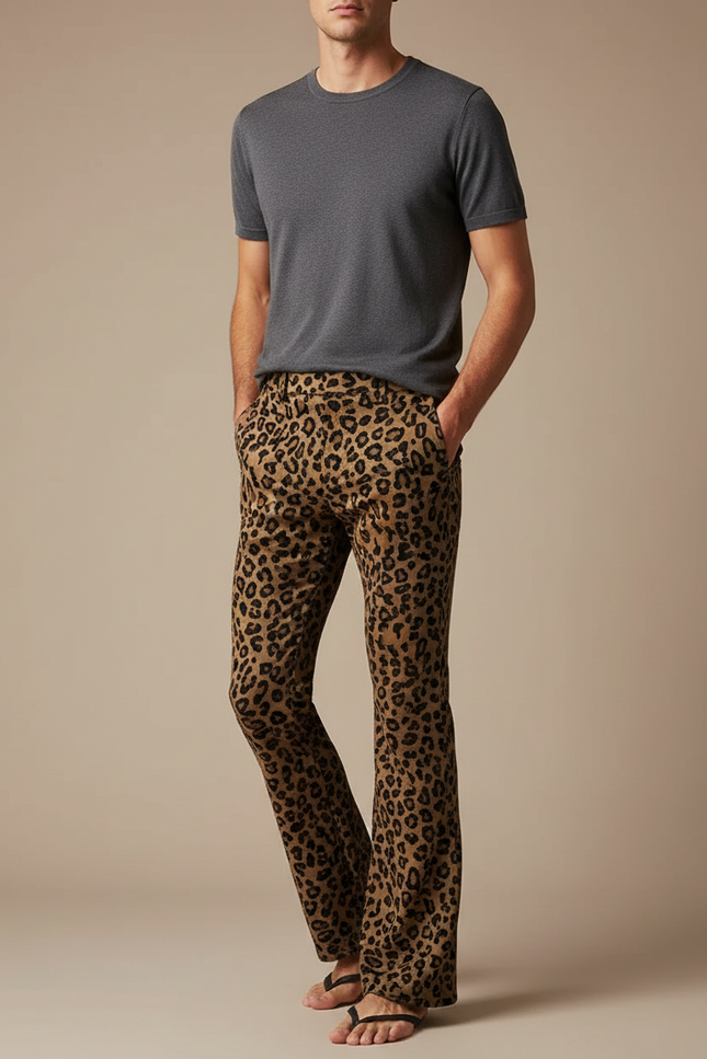 Pantalon Léopard Homme Marron Évasé Imprimé Animal Décontracté - Velours