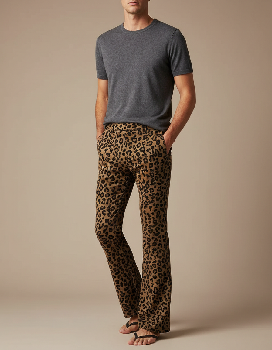 Pantalon Léopard Homme Marron Évasé Imprimé Animal Décontracté - Velours