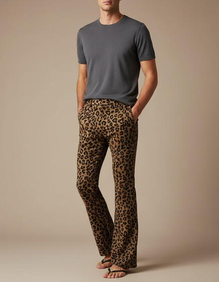 Pantalon Léopard Homme Marron Évasé Imprimé Animal Décontracté - Velours
