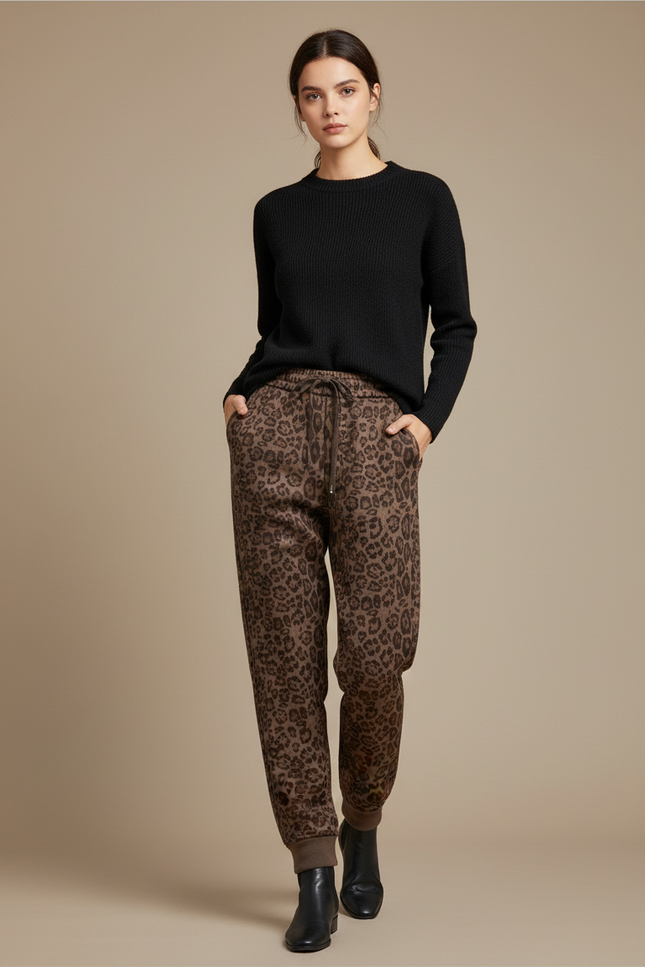 Pantalon Léopard Marron Imprimé Ample Décontracté Fluide - Molleton