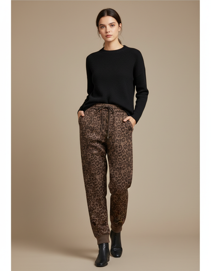 Pantalon Léopard Marron Imprimé Ample Décontracté Fluide - Molleton