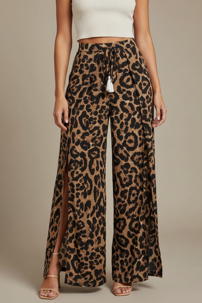 Pantalon Léopard Fluide Fendu Taille Haute Élégant - Imprimé Viscose