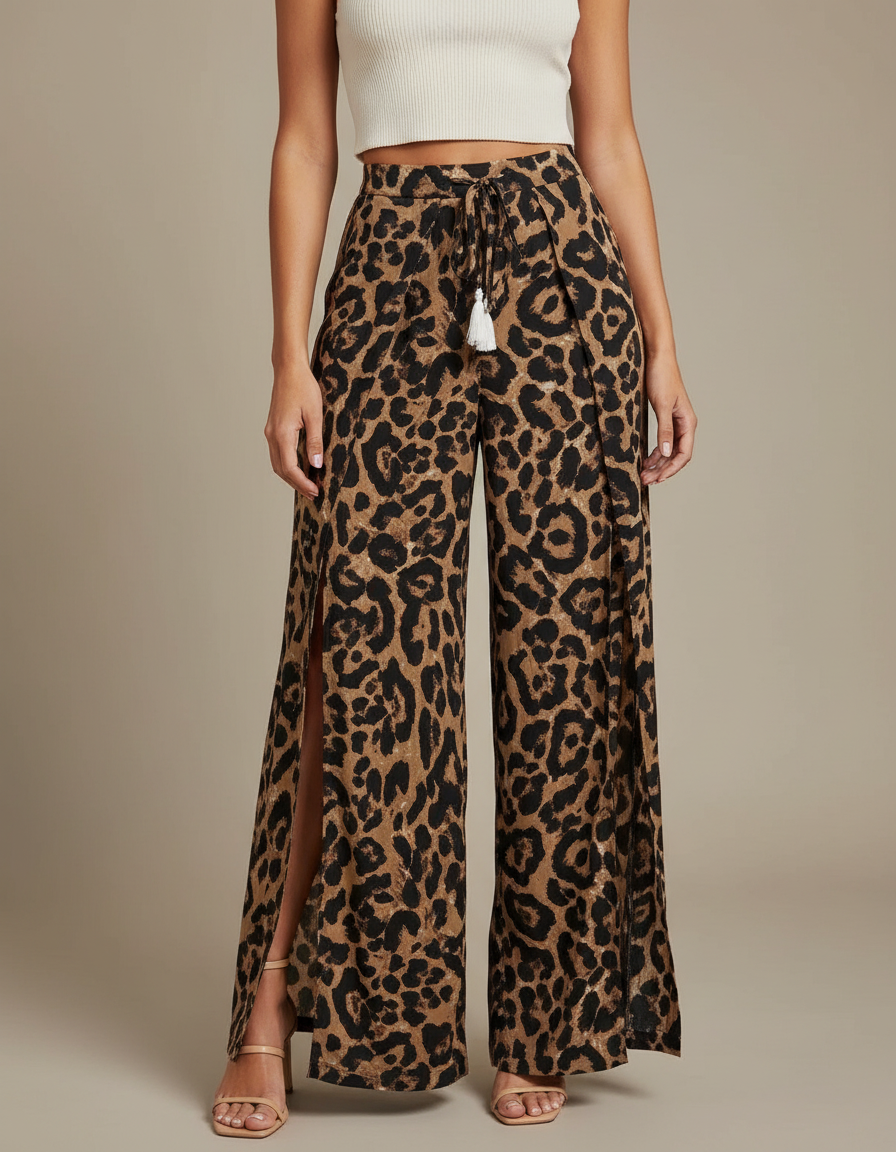 Pantalon Léopard Fluide Fendu Taille Haute Élégant - Imprimé Viscose