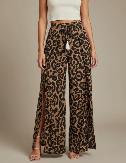 Pantalon Léopard Fluide Fendu Taille Haute Élégant - Imprimé Viscose
