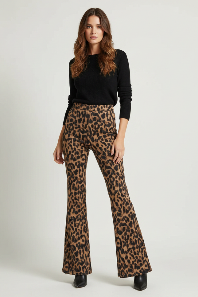 Pantalon Léopard Évasé Imprimé Marron Confortable Femme - Maille