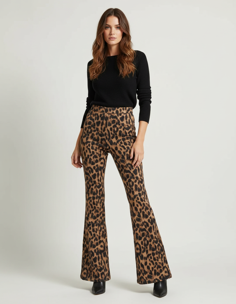 Pantalon Léopard Évasé Imprimé Marron Confortable Femme - Maille