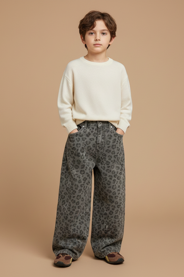 Pantalon Léopard Gris Ample Imprimé Denim Enfant - Jean