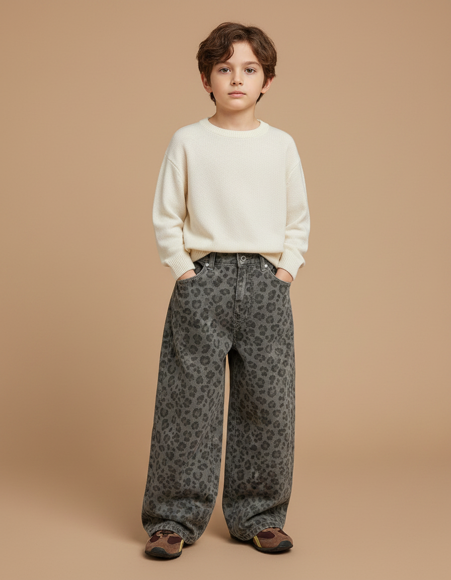 Pantalon Léopard Gris Ample Imprimé Denim Enfant - Jean