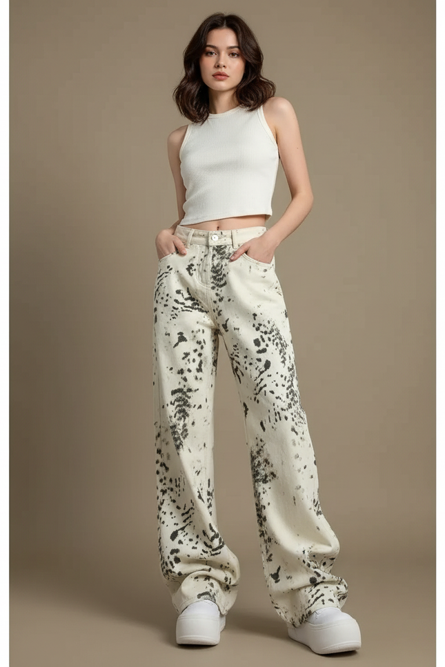 Pantalon Léopard Ample Imprimé Décontracté Taille Haute - Jean