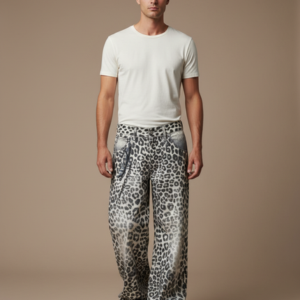 Pantalon Léopard Ample Gris Imprimé Streetwear Denim - Jean