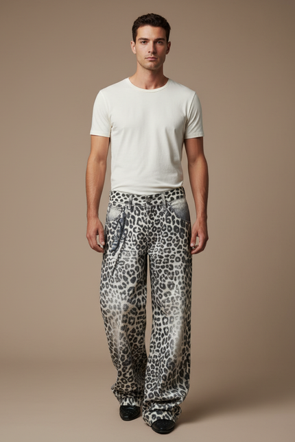 Pantalon Léopard Ample Gris Imprimé Streetwear Denim - Jean
