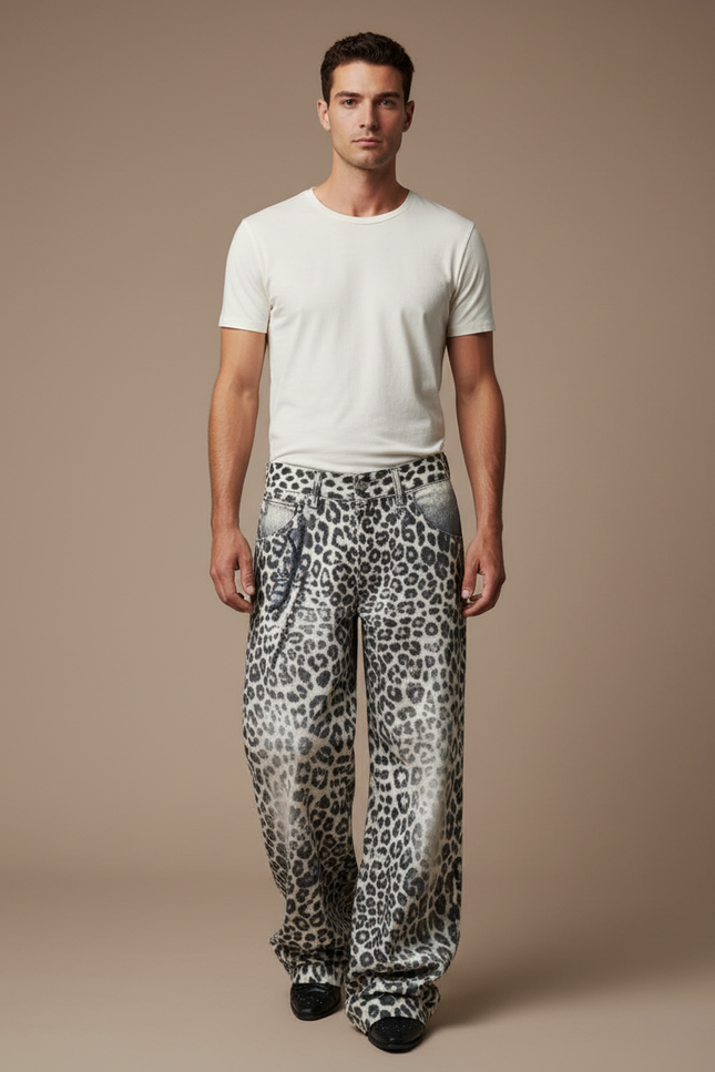 Pantalon Léopard Ample Gris Imprimé Streetwear Denim - Jean