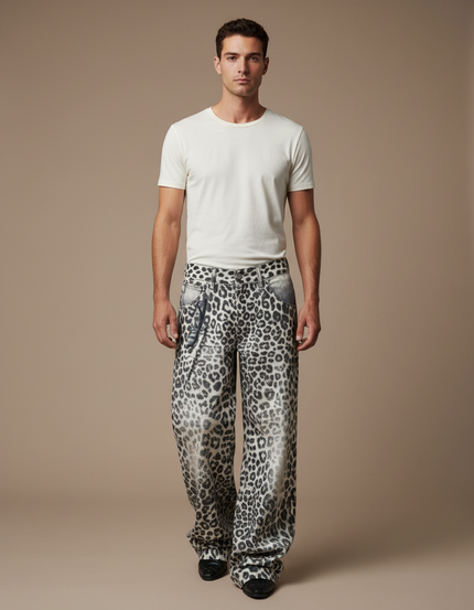 Pantalon Léopard Ample Gris Imprimé Streetwear Denim - Jean