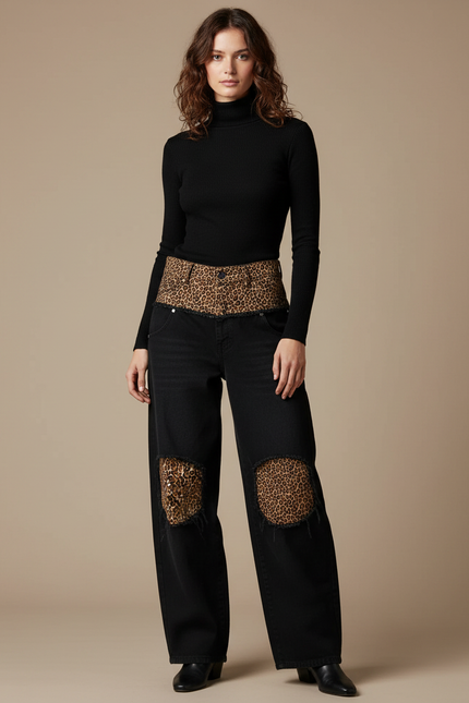 Pantalon Léopard Noir Large Patchwork Délavé Femme - Jean