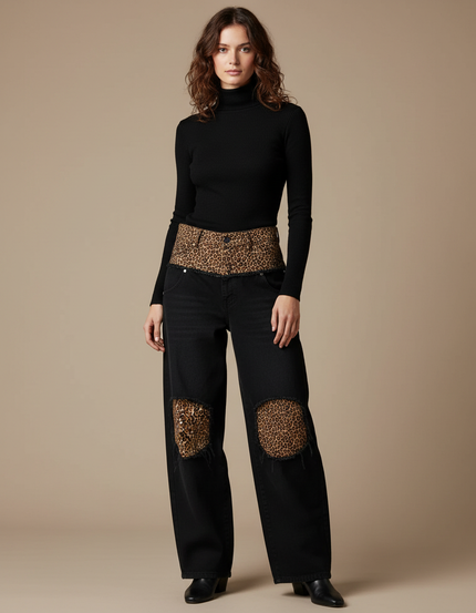 Pantalon Léopard Noir Large Patchwork Délavé Femme - Jean
