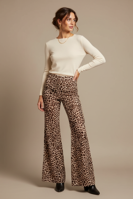 Pantalon Léopard Évasé Imprimé Taille Haute Élégant - Maille
