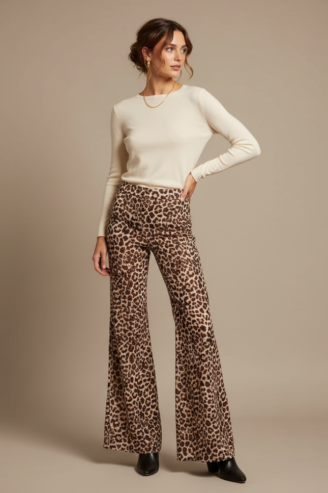 Pantalon Léopard Évasé Imprimé Taille Haute Élégant - Maille
