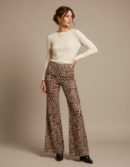 Pantalon Léopard Évasé Imprimé Taille Haute Élégant - Maille