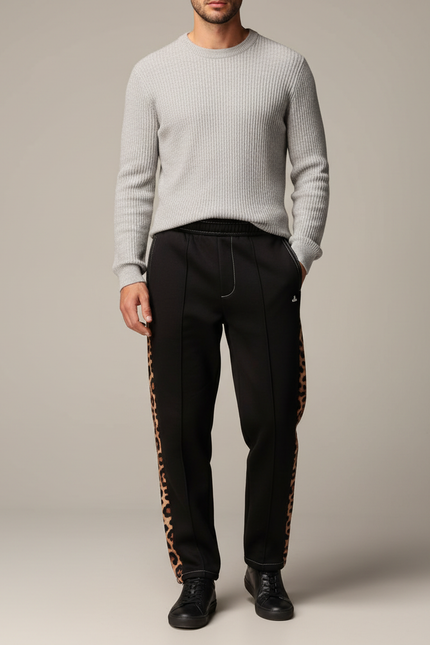Pantalon Léopard Noir Large Décontracté Homme - Polyester