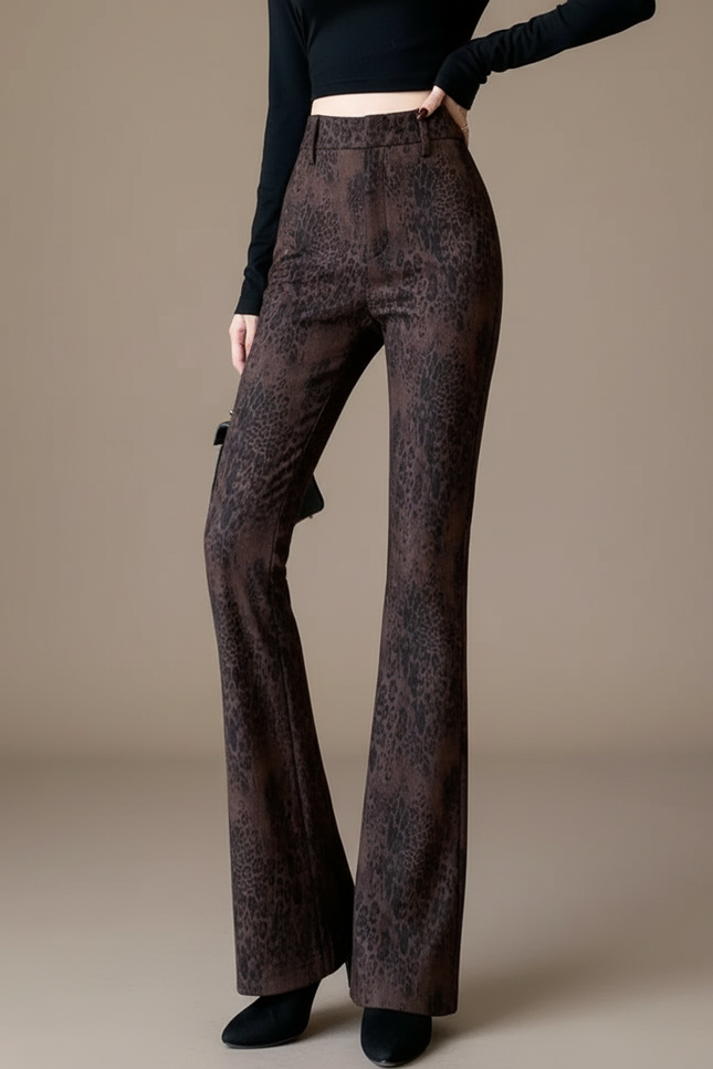Pantalon Léopard Marron Évasé Velours Taille Haute - Imprimé