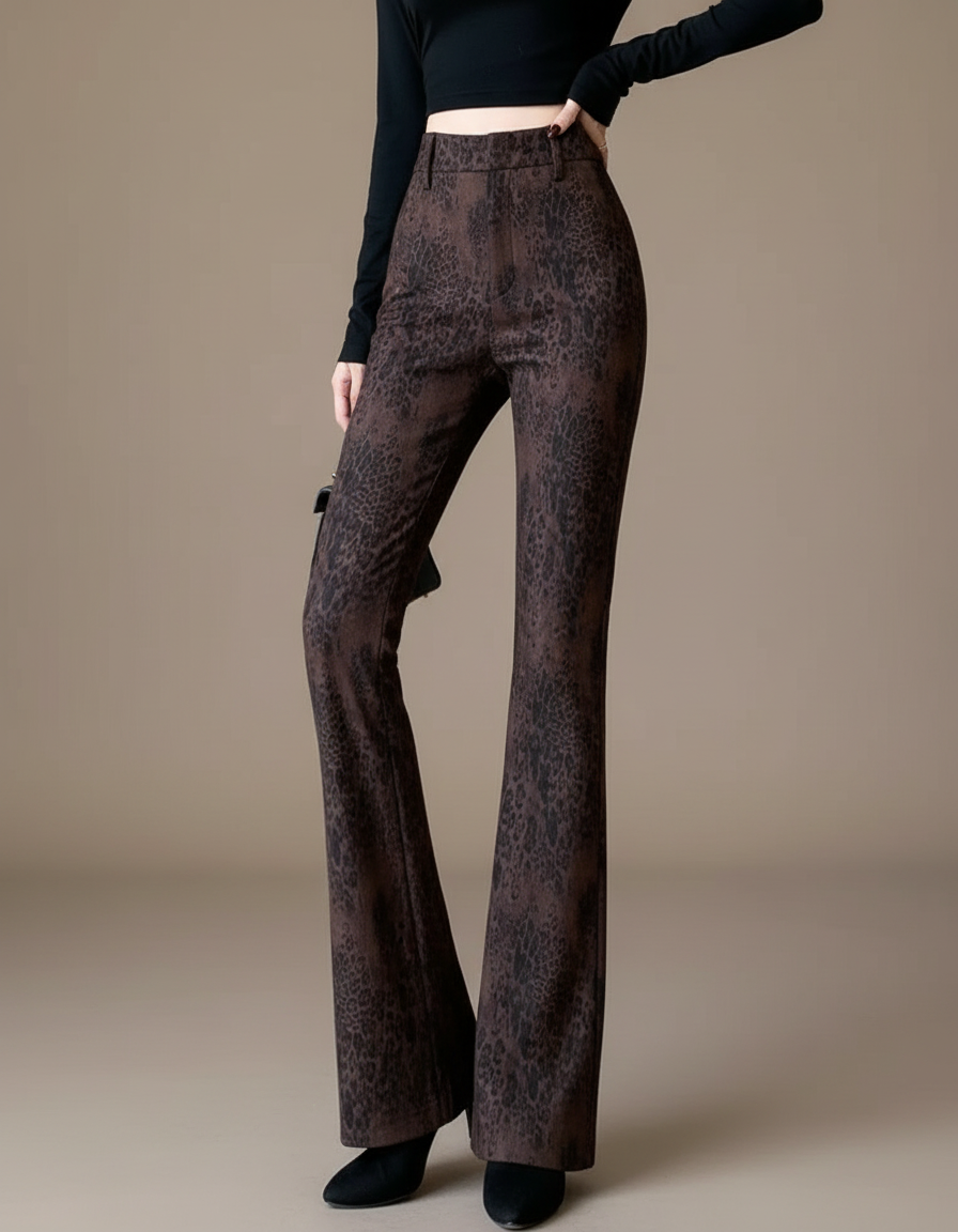 Pantalon Léopard Marron Évasé Velours Taille Haute - Imprimé