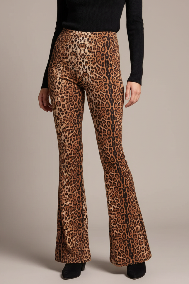 Pantalon Léopard Évasé Taille Haute Imprimé Femme - Velours