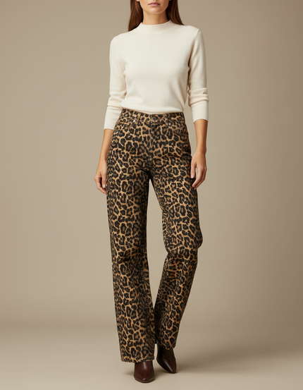 Pantalon Léopard Marron Ample Taille Haute Femme - Imprimé Jean
