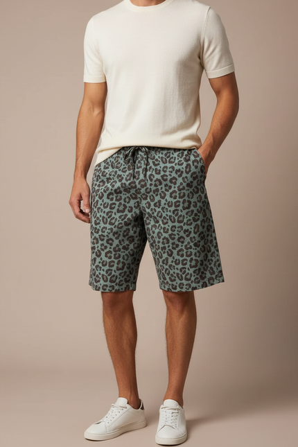 Pantalon Léopard Court Imprimé Vert Décontracté Coton