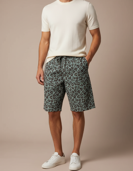 Pantalon Léopard Court Imprimé Vert Décontracté Coton