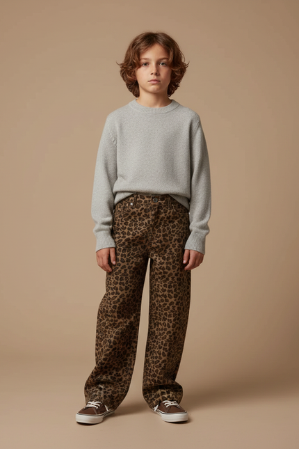 Pantalon Léopard Marron Ample Imprimé Épais Enfant - Molleton
