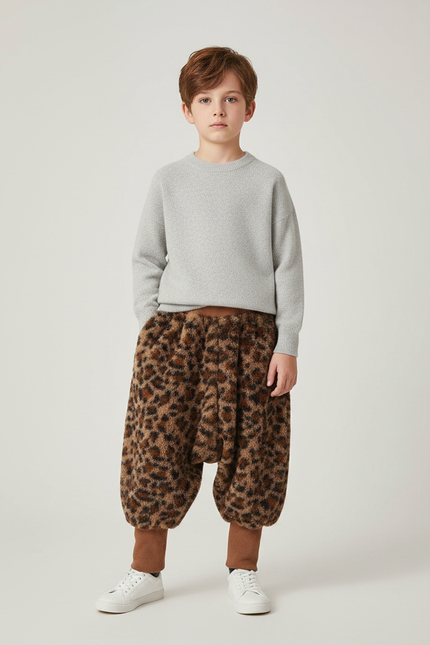 Pantalon Léopard Enfant Marron Ample Doux Molletonné