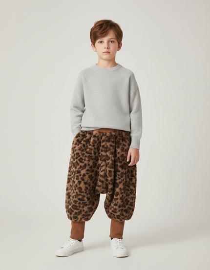 Pantalon Léopard Enfant Marron Ample Doux Molletonné