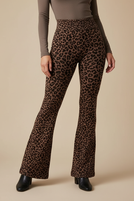 Pantalon Léopard Marron Moulant Évasé Confortable - Maille