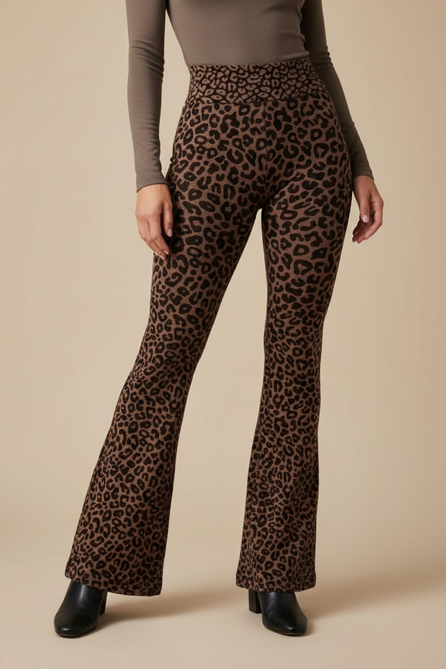 Pantalon Léopard Marron Moulant Évasé Confortable - Maille