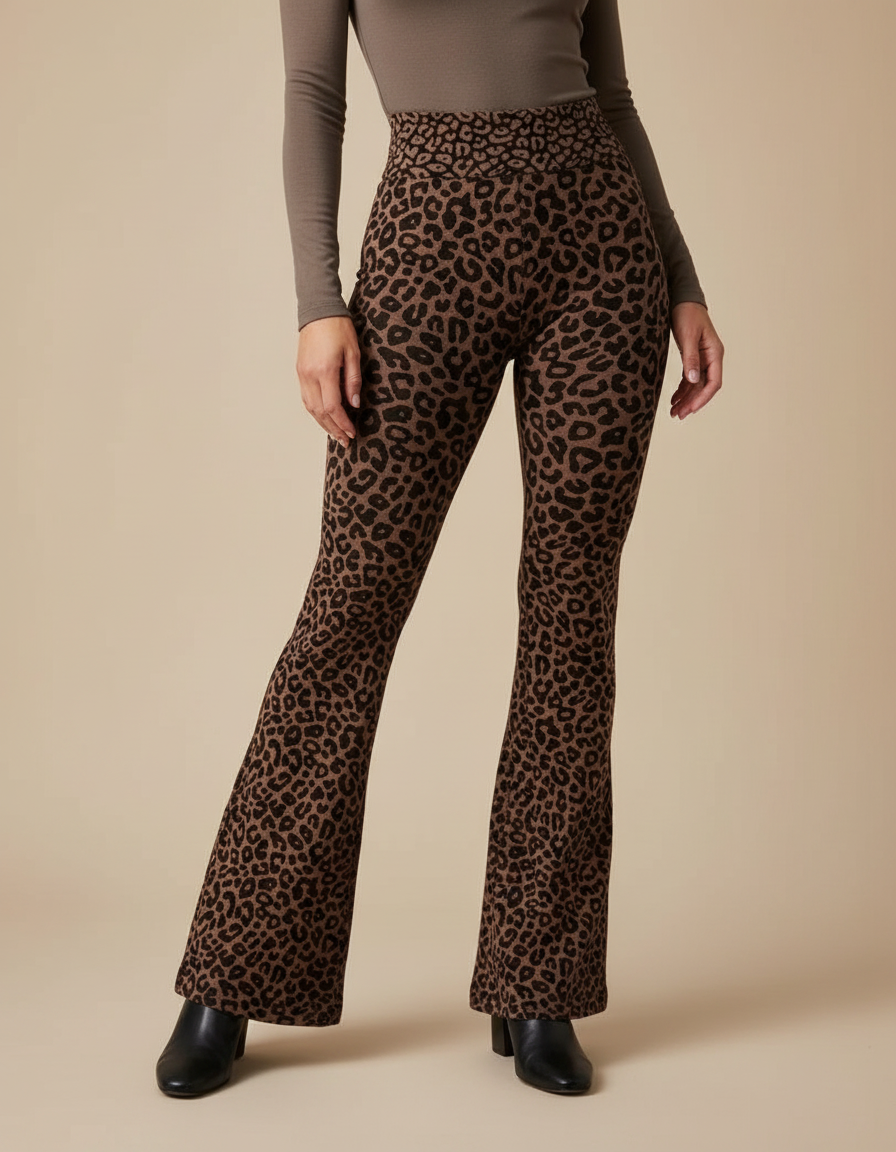 Pantalon Léopard Marron Moulant Évasé Confortable - Maille