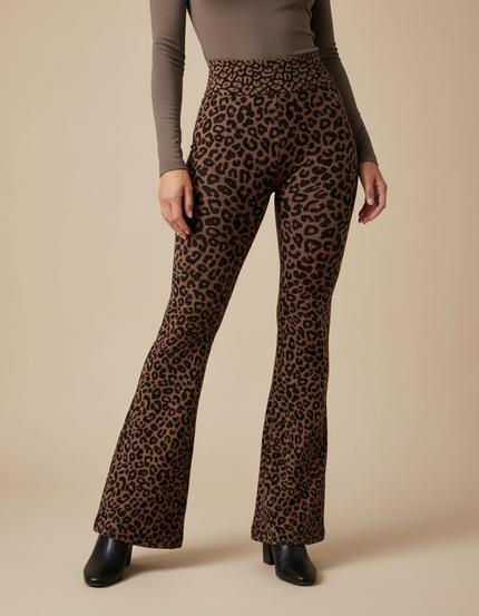 Pantalon Léopard Marron Moulant Évasé Confortable - Maille