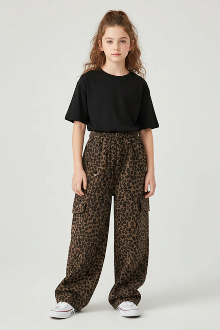 Pantalon Léopard Marron Ample Cargo Fille - Toile