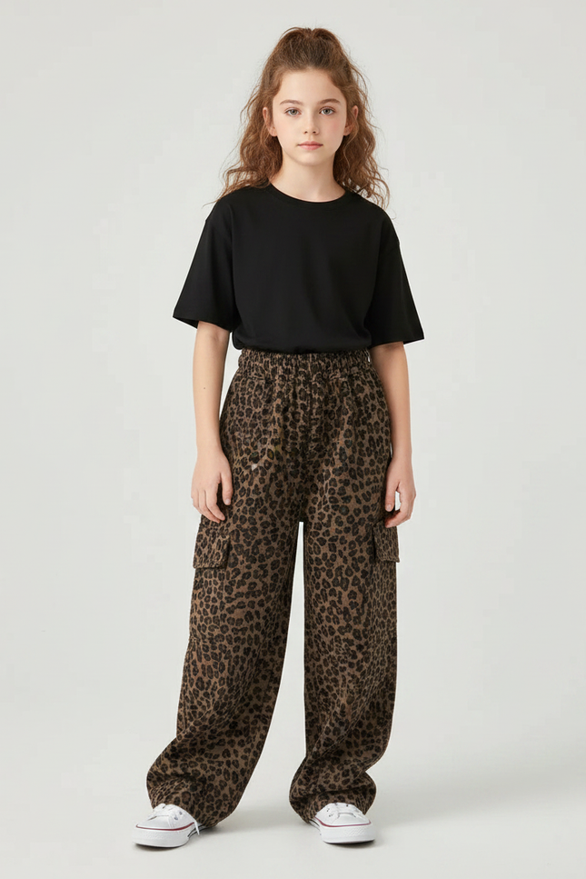 Pantalon Léopard Marron Ample Cargo Fille - Toile