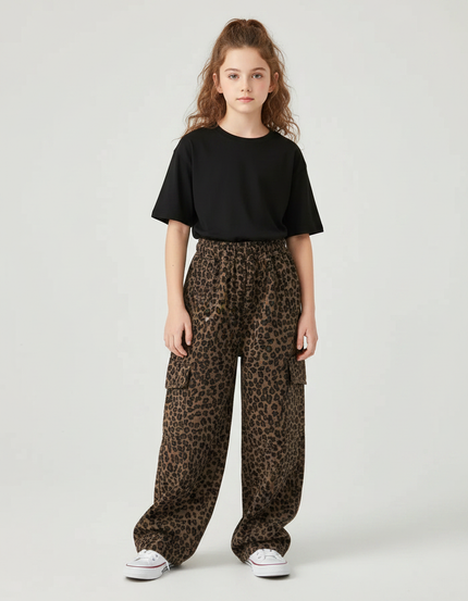 Pantalon Léopard Marron Ample Cargo Fille - Toile