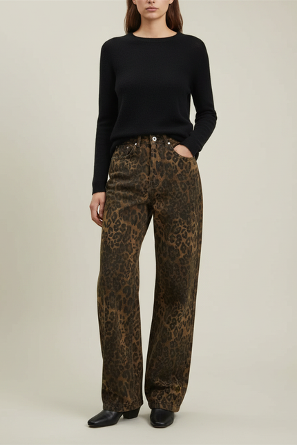 Pantalon Léopard Marron Ample Décontracté Femme - Jean