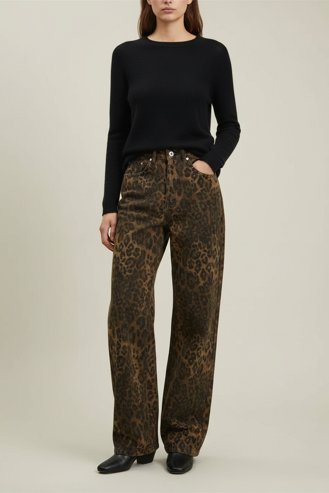 Pantalon Léopard Marron Ample Décontracté Femme - Jean