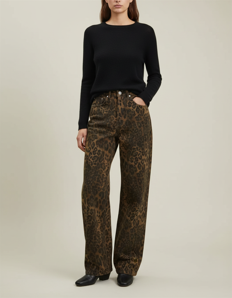 Pantalon Léopard Marron Ample Décontracté Femme - Jean