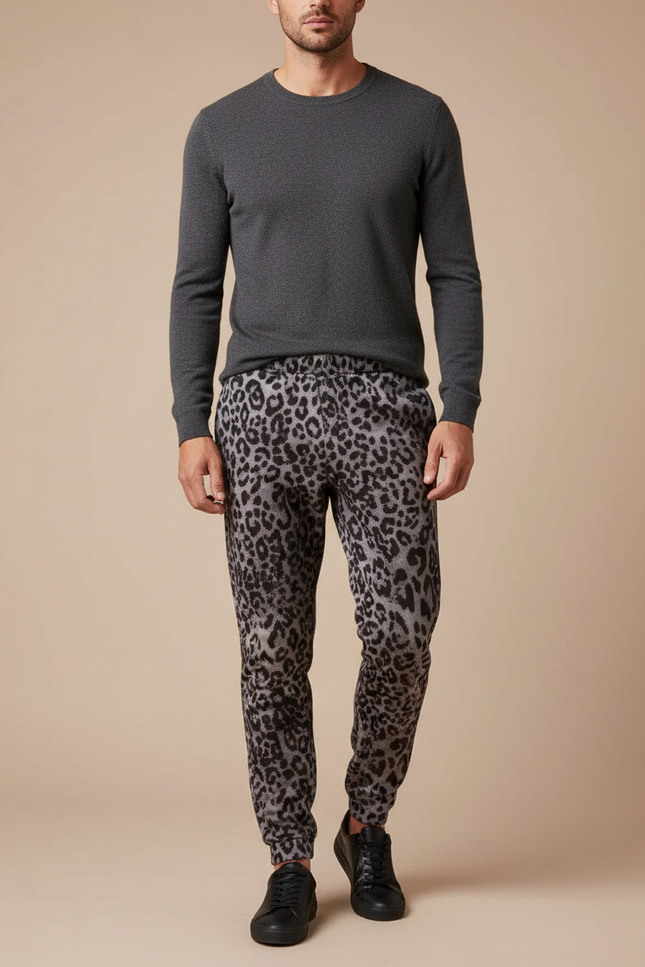 Pantalon Léopard Gris Ample Imprimé Homme - Molleton
