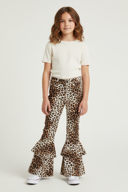 Pantalon Léopard Évasé Imprimé Volants Fille - Maille