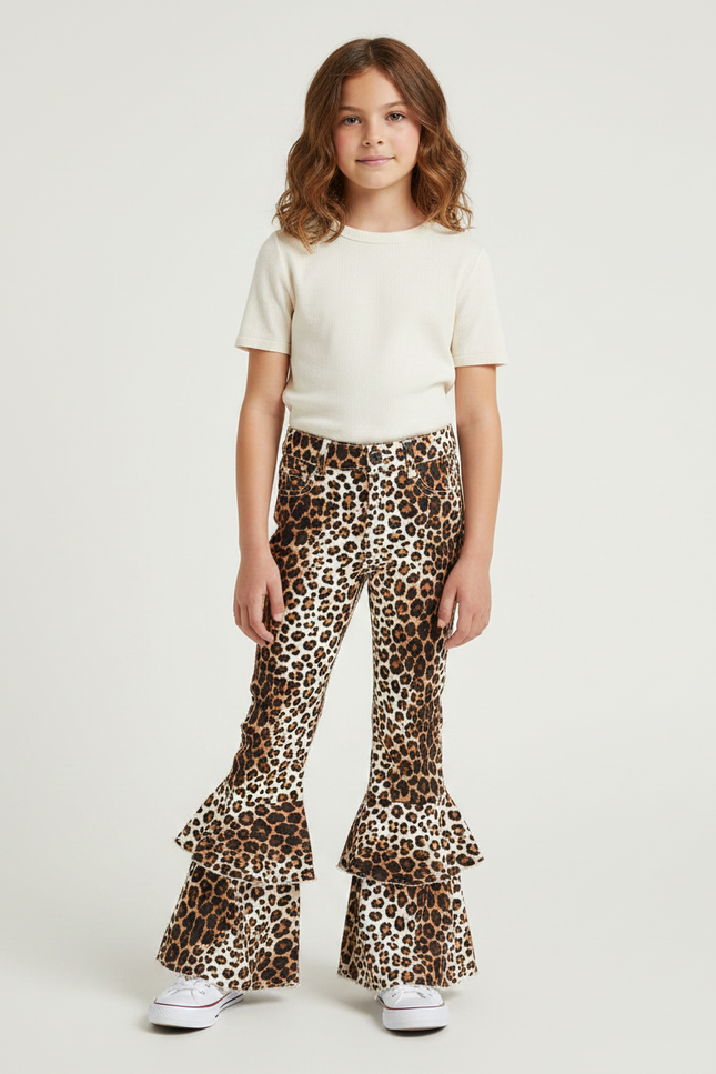 Pantalon Léopard Évasé Imprimé Volants Fille - Maille