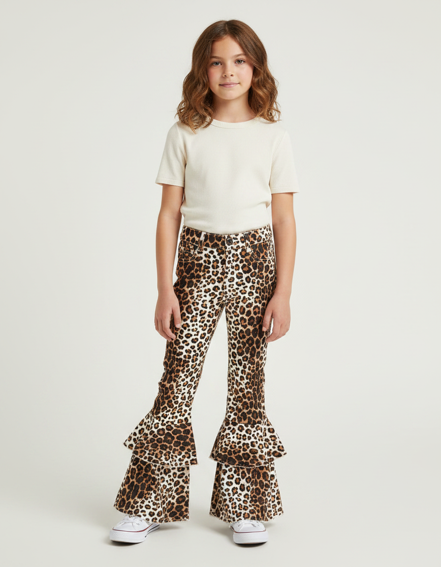Pantalon Léopard Évasé Imprimé Volants Fille - Maille