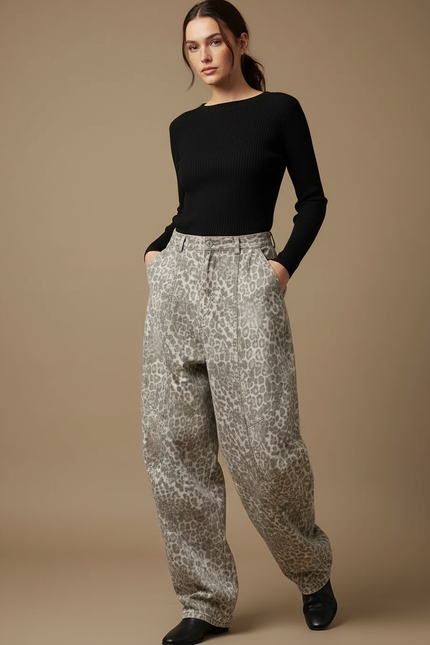 Pantalon Léopard Gris Ample Imprimé Streetwear Denim Femme - Jean