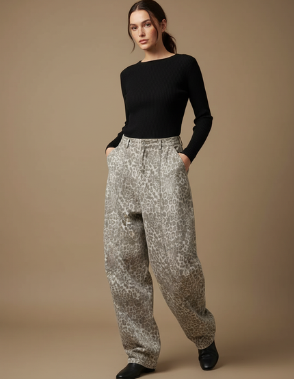 Pantalon Léopard Gris Ample Imprimé Streetwear Denim Femme - Jean
