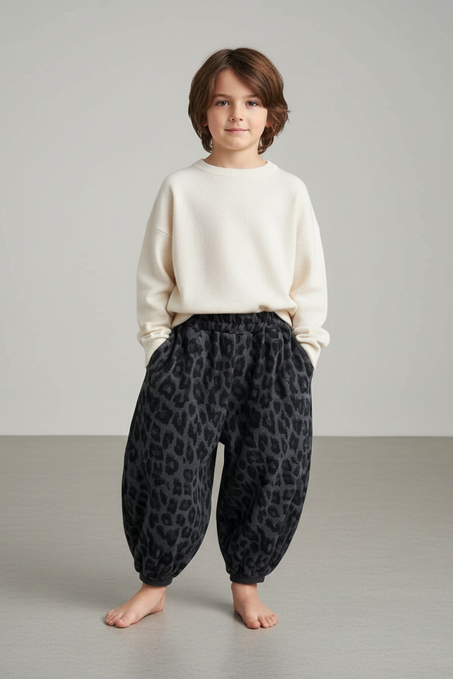 Pantalon Léopard Ample Molletonné Gris Enfant - Imprimé